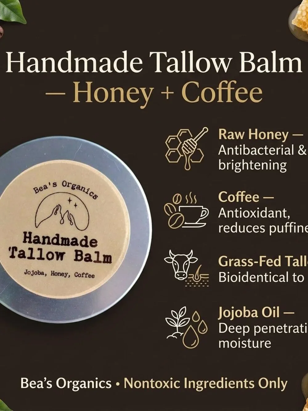 Organic Tallow Balm with Honey & Coffee | Grass-Fed Tallow Face Body Moisturizer